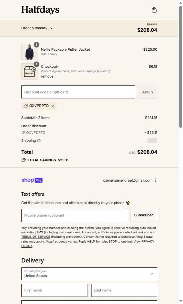 Halfdays checkout page showing Halfdays discount code box | Screenshot taken by SimplyCodes community member on Aug 14, 2025