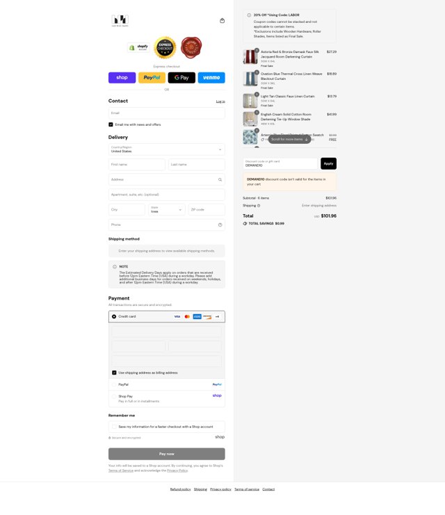 Half Price Drapes checkout page showing Half Price Drapes discount code box | Screenshot taken by SimplyCodes community member on Sep 2, 2025