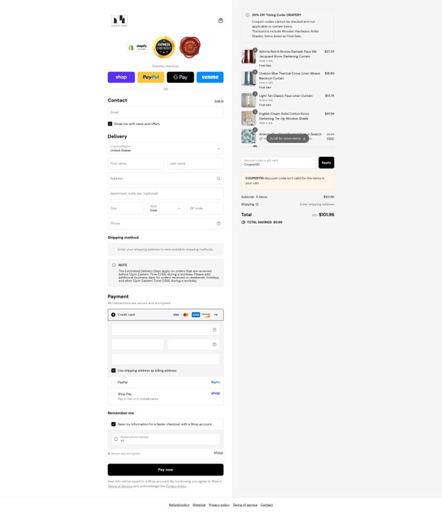 Half Price Drapes checkout page showing Half Price Drapes discount code box | Screenshot taken by SimplyCodes community member on Sep 6, 2025