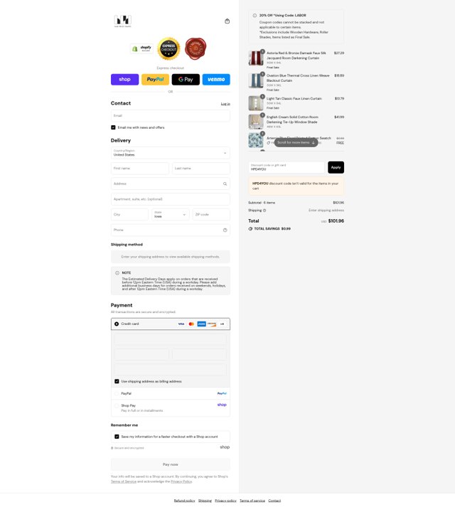 Half Price Drapes checkout page showing Half Price Drapes discount code box | Screenshot taken by SimplyCodes community member on Sep 2, 2025
