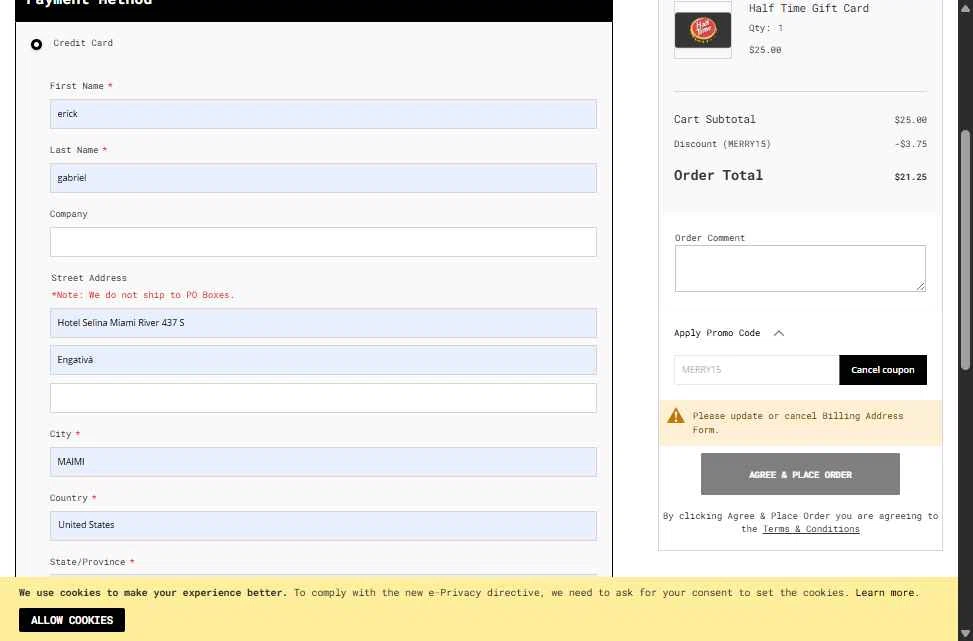 Half Time Beverage checkout page showing Half Time Beverage discount code box | Screenshot taken by SimplyCodes community member on Dec 23, 2025