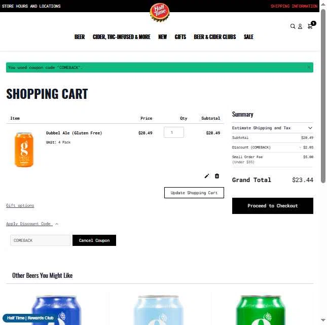 Half Time Beverage checkout page showing Half Time Beverage discount code box | Screenshot taken by SimplyCodes community member on Aug 28, 2025