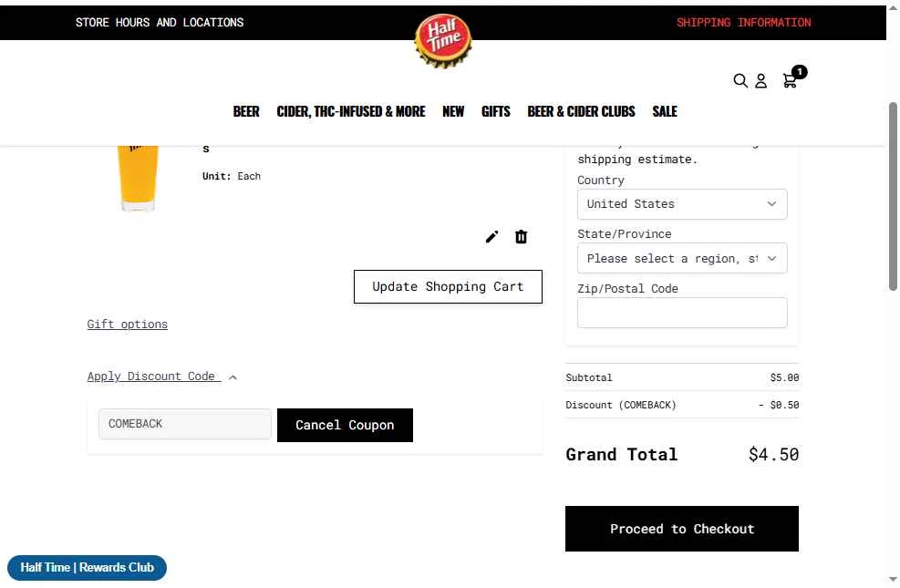 Half Time Beverage checkout page showing Half Time Beverage discount code box | Screenshot taken by SimplyCodes community member on Jul 28, 2025