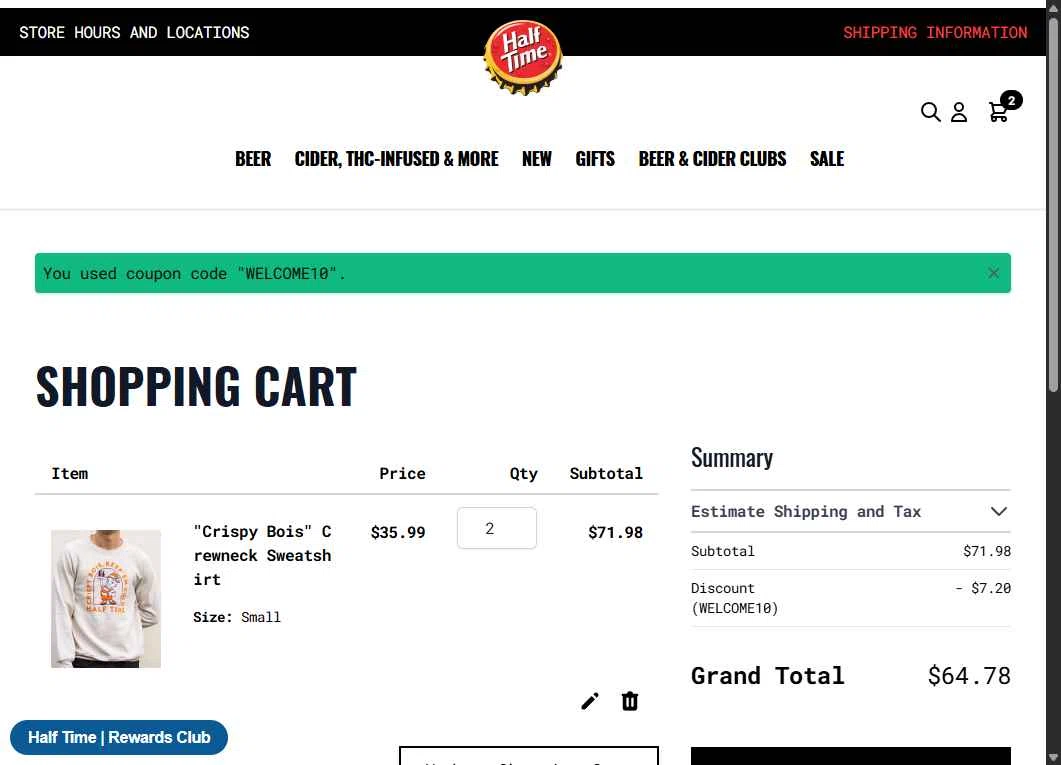 Half Time Beverage checkout page showing Half Time Beverage discount code box | Screenshot taken by SimplyCodes community member on Aug 13, 2025