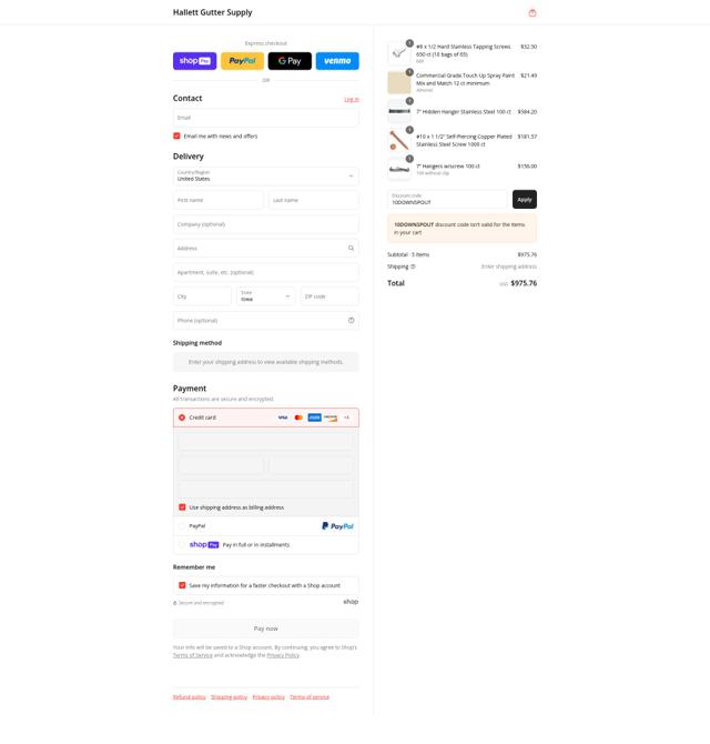 Hallett Gutter Cover checkout page showing Hallett Gutter Cover promo code box | Screenshot taken by SimplyCodes community member on Jul 12, 2025