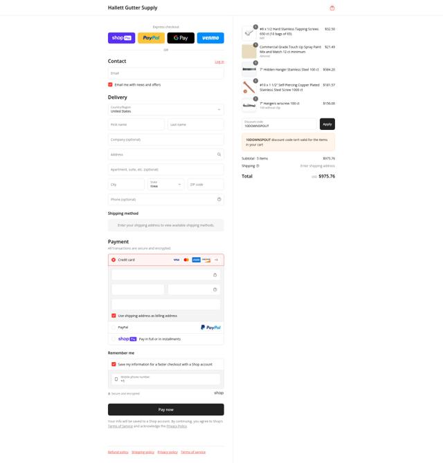 Hallett Gutter Cover checkout page showing Hallett Gutter Cover promo code box | Screenshot taken by SimplyCodes community member on Jul 8, 2025