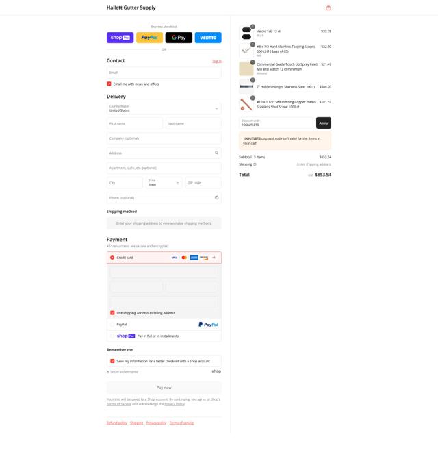 Hallett Gutter Cover checkout page showing Hallett Gutter Cover promo code box | Screenshot taken by SimplyCodes community member on Aug 7, 2025