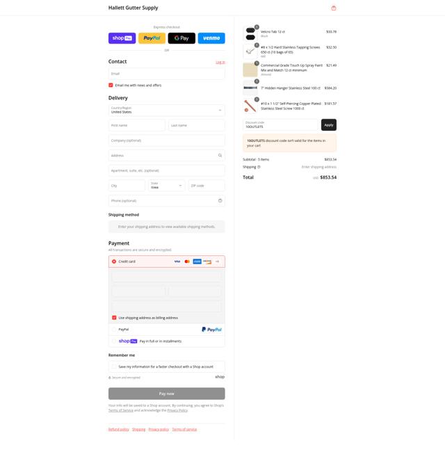 Hallett Gutter Cover checkout page showing Hallett Gutter Cover promo code box | Screenshot taken by SimplyCodes community member on Aug 11, 2025
