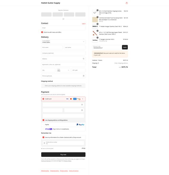 Hallett Gutter Cover checkout page showing Hallett Gutter Cover promo code box | Screenshot taken by SimplyCodes community member on Jun 30, 2025