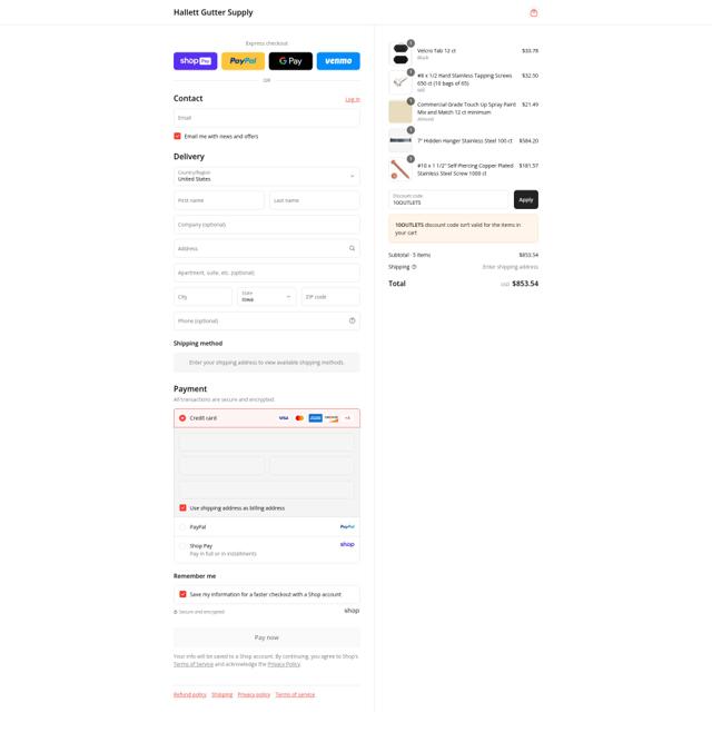 Hallett Gutter Cover checkout page showing Hallett Gutter Cover promo code box | Screenshot taken by SimplyCodes community member on Aug 15, 2025