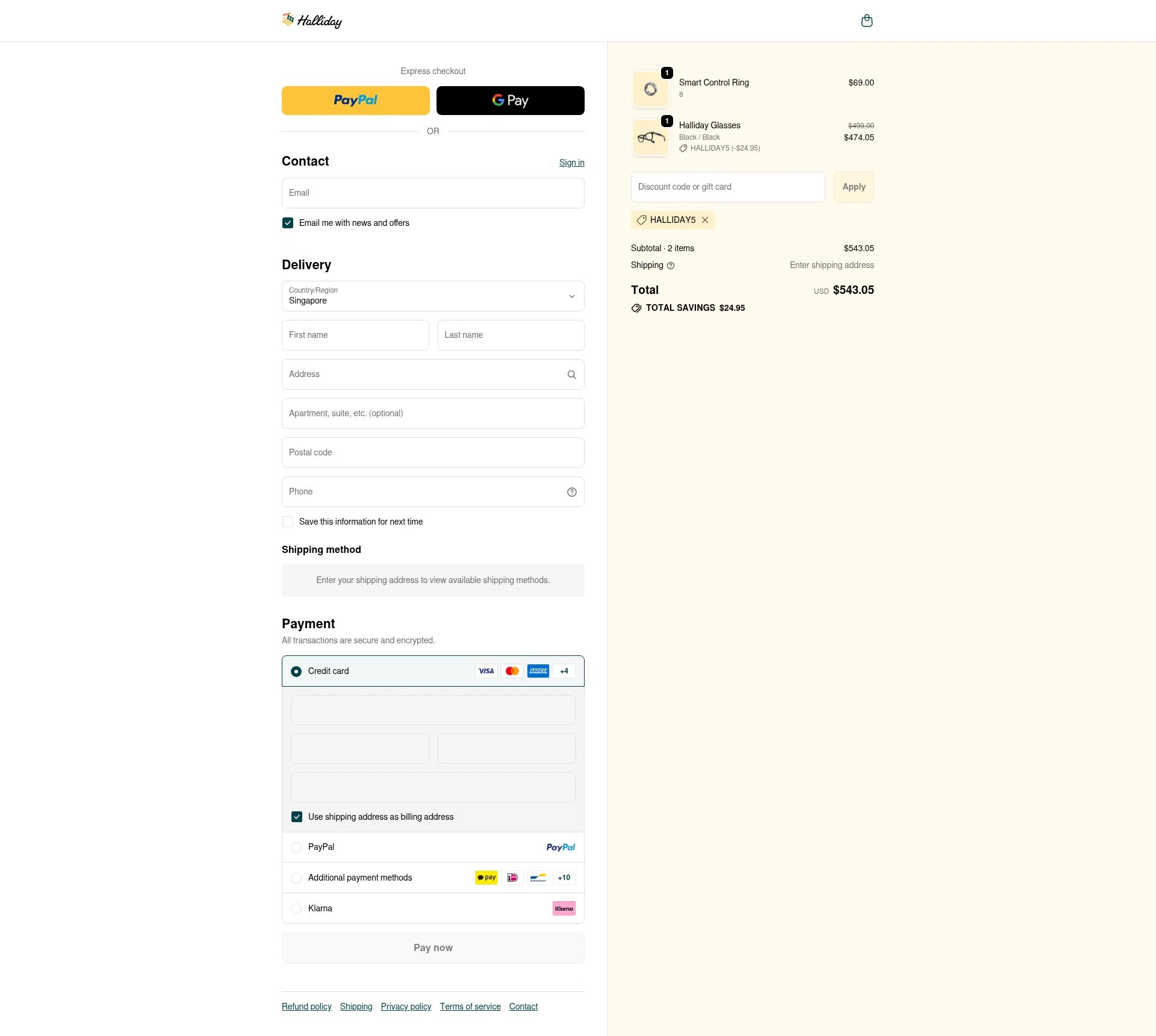 Halliday checkout page showing Halliday promo code box | Screenshot taken by SimplyCodes community member on Nov 28, 2025