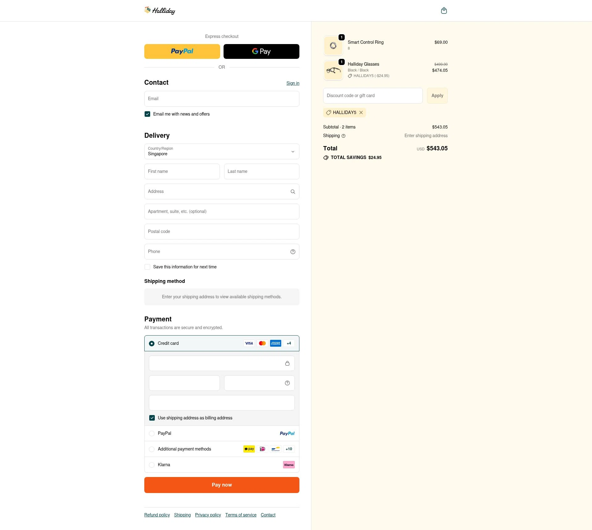 Halliday checkout page showing Halliday promo code box | Screenshot taken by SimplyCodes community member on Nov 13, 2025