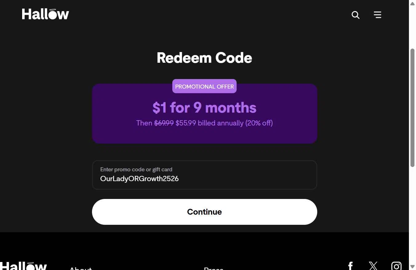 Hallow App checkout page showing Hallow App promo code box | Screenshot taken by SimplyCodes community member on Nov 15, 2025