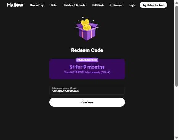 Hallow App checkout page showing Hallow App promo code box | Screenshot taken by SimplyCodes community member on Dec 14, 2025