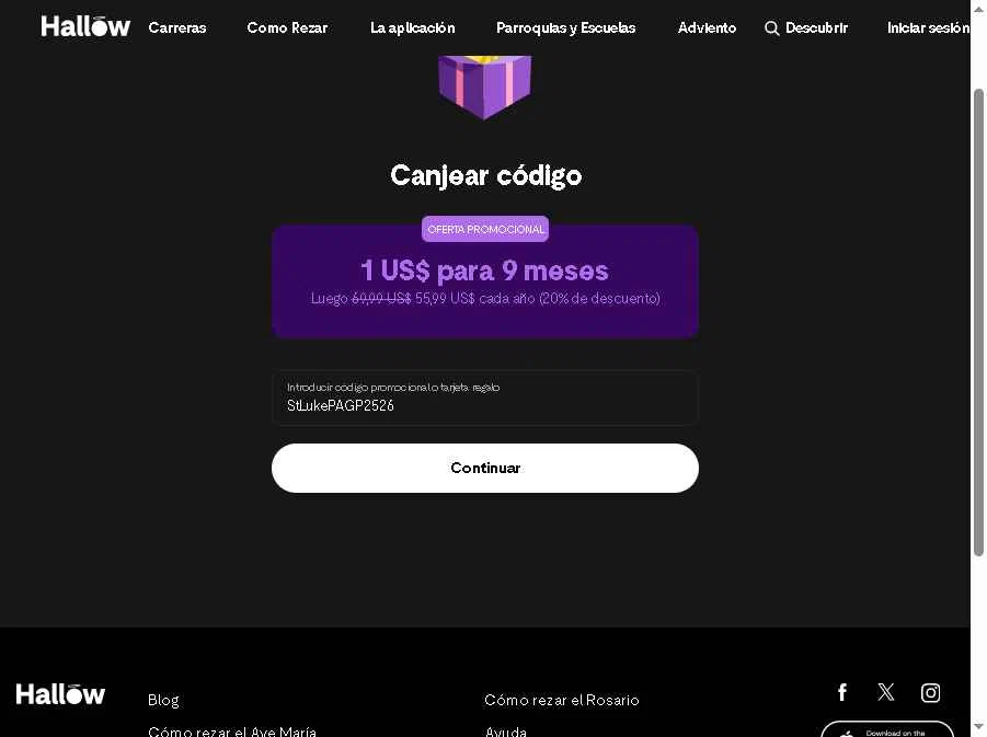 Hallow App checkout page showing Hallow App promo code box | Screenshot taken by SimplyCodes community member on Dec 31, 2025