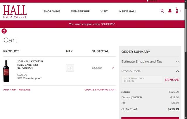 Hall Wines checkout page showing Hall Wines promo code box | Screenshot taken by SimplyCodes community member on Jun 10, 2025