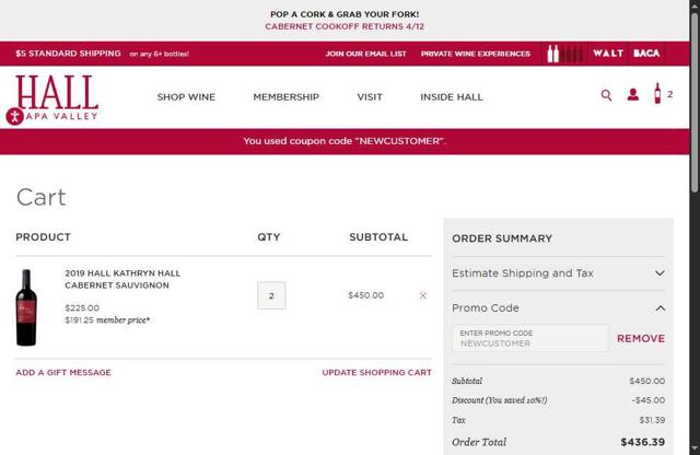 Hall Wines checkout page showing Hall Wines promo code box | Screenshot taken by SimplyCodes community member on Apr 5, 2025