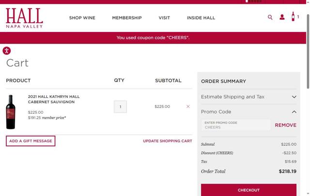 Hall Wines checkout page showing Hall Wines promo code box | Screenshot taken by SimplyCodes community member on Jun 10, 2025
