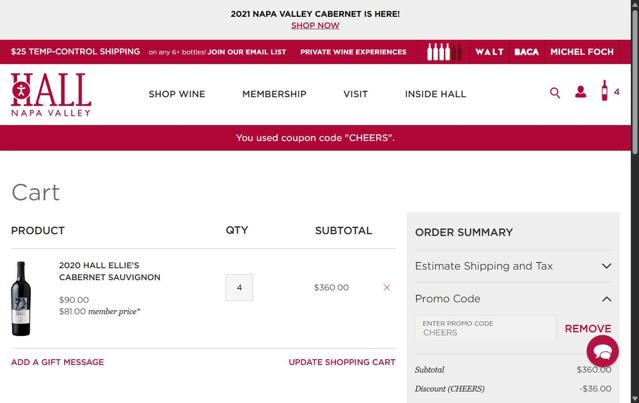 Hall Wines checkout page showing Hall Wines promo code box | Screenshot taken by SimplyCodes community member on Jul 8, 2025