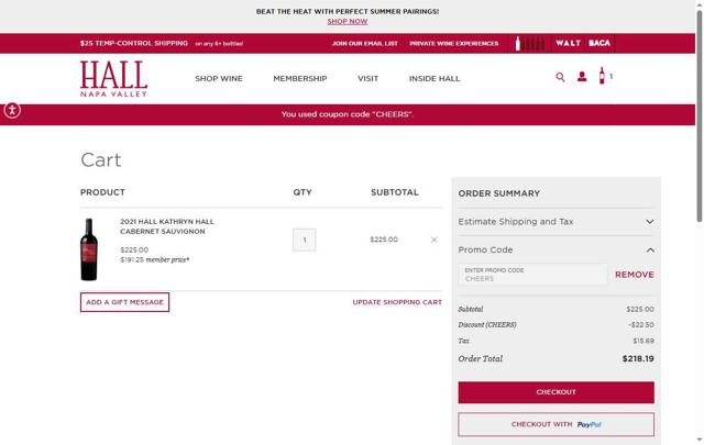 Hall Wines checkout page showing Hall Wines promo code box | Screenshot taken by SimplyCodes community member on Jun 10, 2025