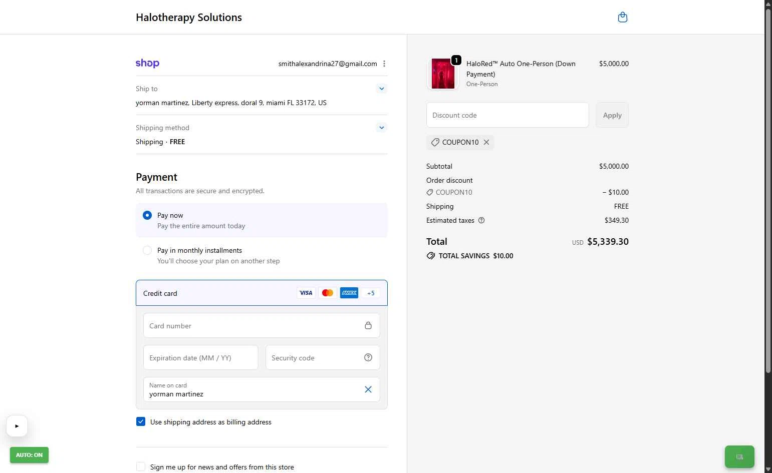 Halotherapy Solutions checkout page showing Halotherapy Solutions promo code box | Screenshot taken by SimplyCodes community member on Feb 20, 2026