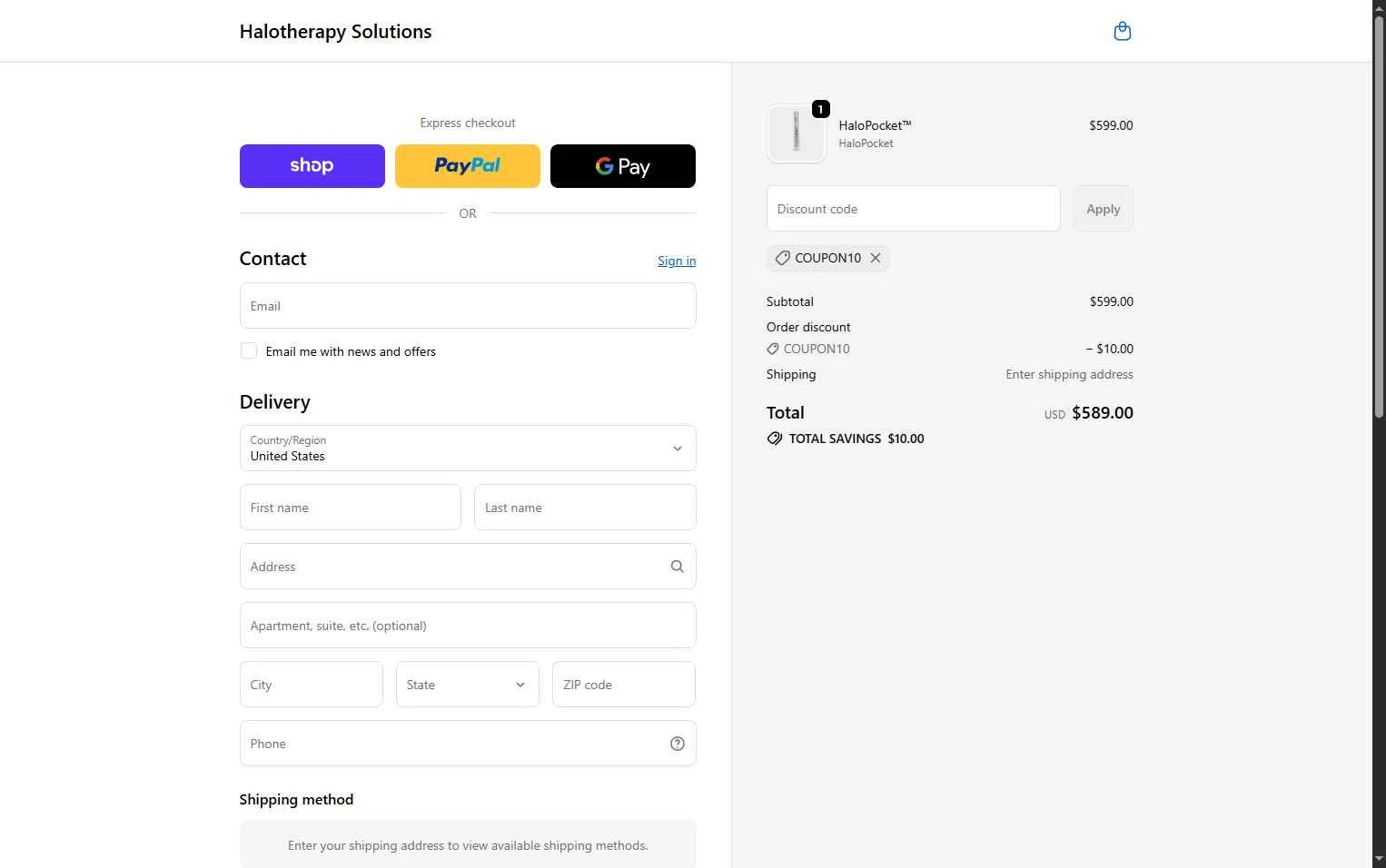 Halotherapy Solutions checkout page showing Halotherapy Solutions promo code box | Screenshot taken by SimplyCodes community member on Jan 22, 2026