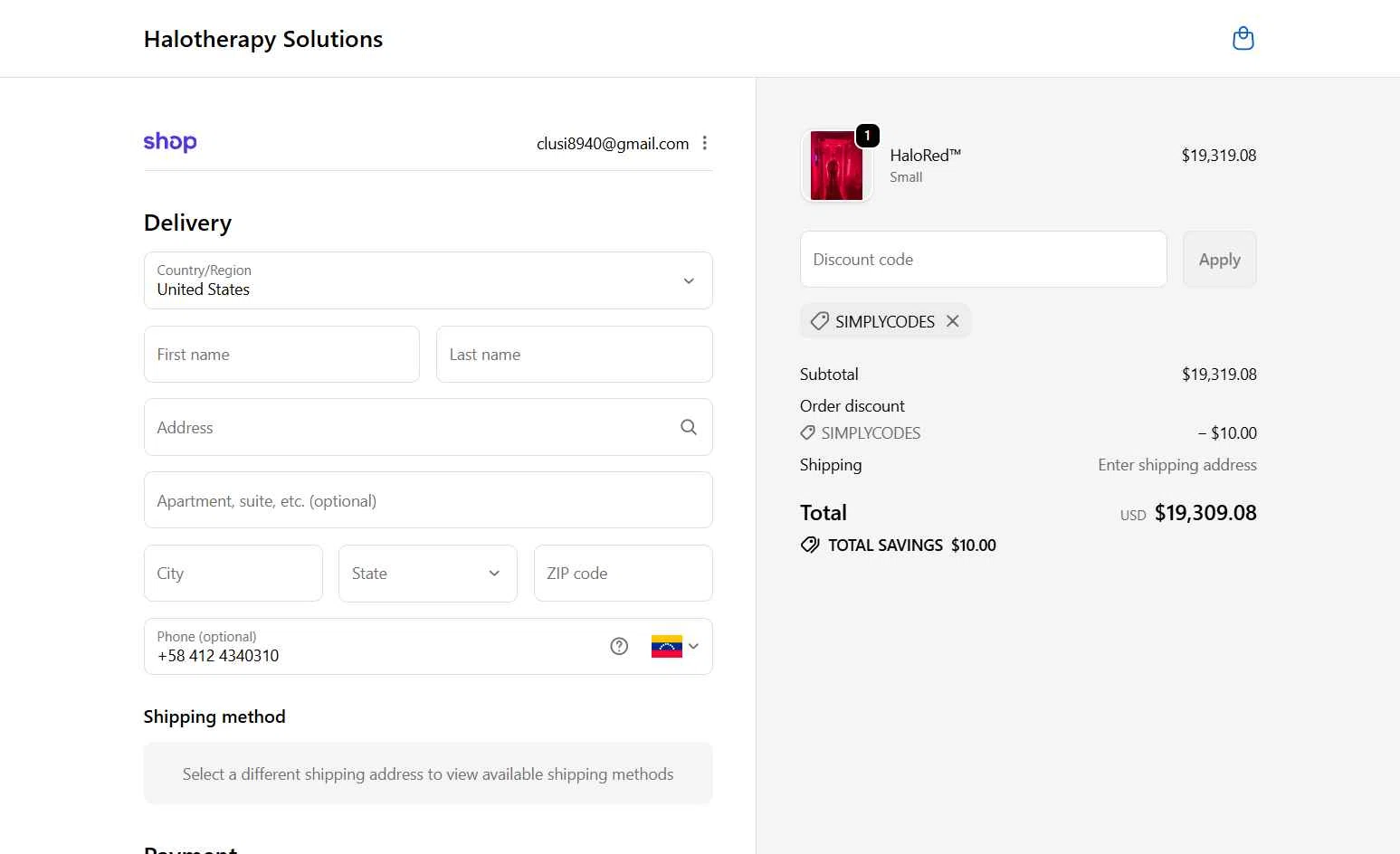 Halotherapy Solutions checkout page showing Halotherapy Solutions promo code box | Screenshot taken by SimplyCodes community member on Jan 15, 2026
