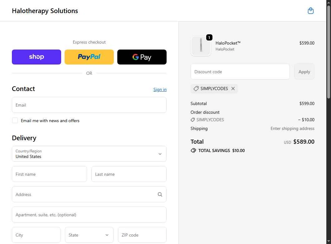 Halotherapy Solutions checkout page showing Halotherapy Solutions promo code box | Screenshot taken by SimplyCodes community member on Dec 17, 2025