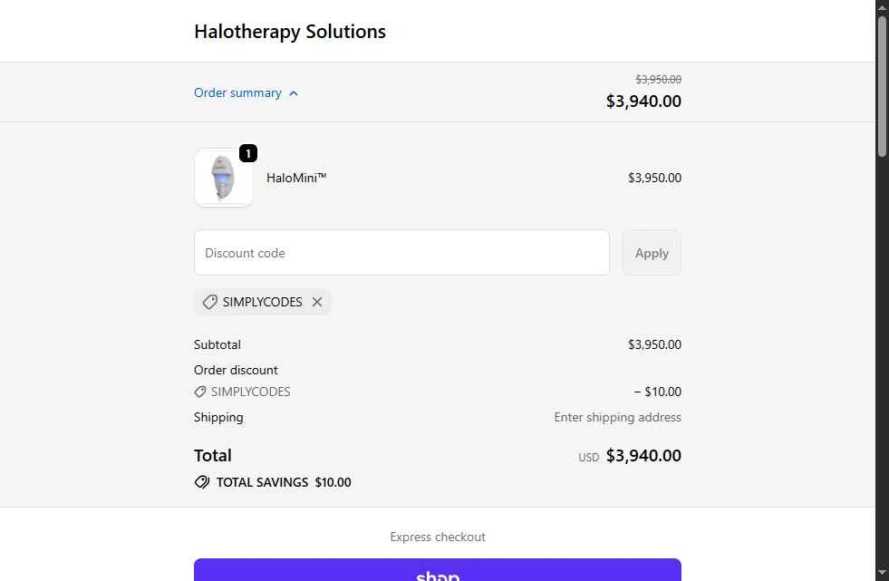 Halotherapy Solutions checkout page showing Halotherapy Solutions promo code box | Screenshot taken by SimplyCodes community member on Feb 13, 2026