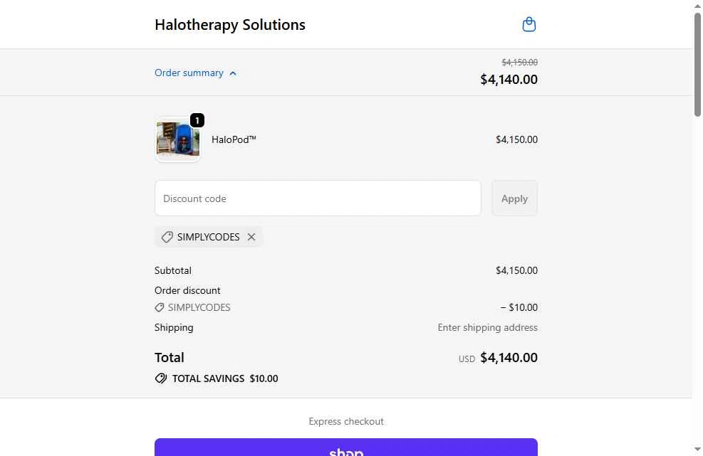 Halotherapy Solutions checkout page showing Halotherapy Solutions promo code box | Screenshot taken by SimplyCodes community member on Nov 22, 2025