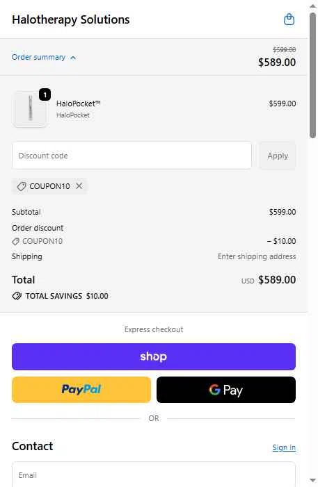 Halotherapy Solutions checkout page showing Halotherapy Solutions promo code box | Screenshot taken by SimplyCodes community member on Nov 25, 2025