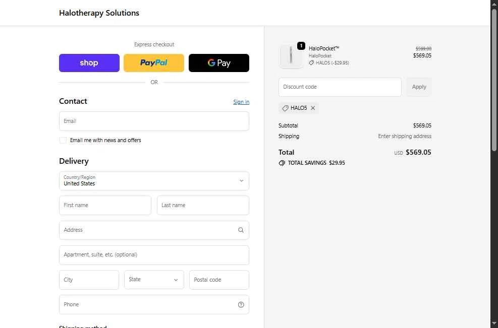 Halotherapy Solutions checkout page showing Halotherapy Solutions promo code box | Screenshot taken by SimplyCodes community member on Feb 16, 2026