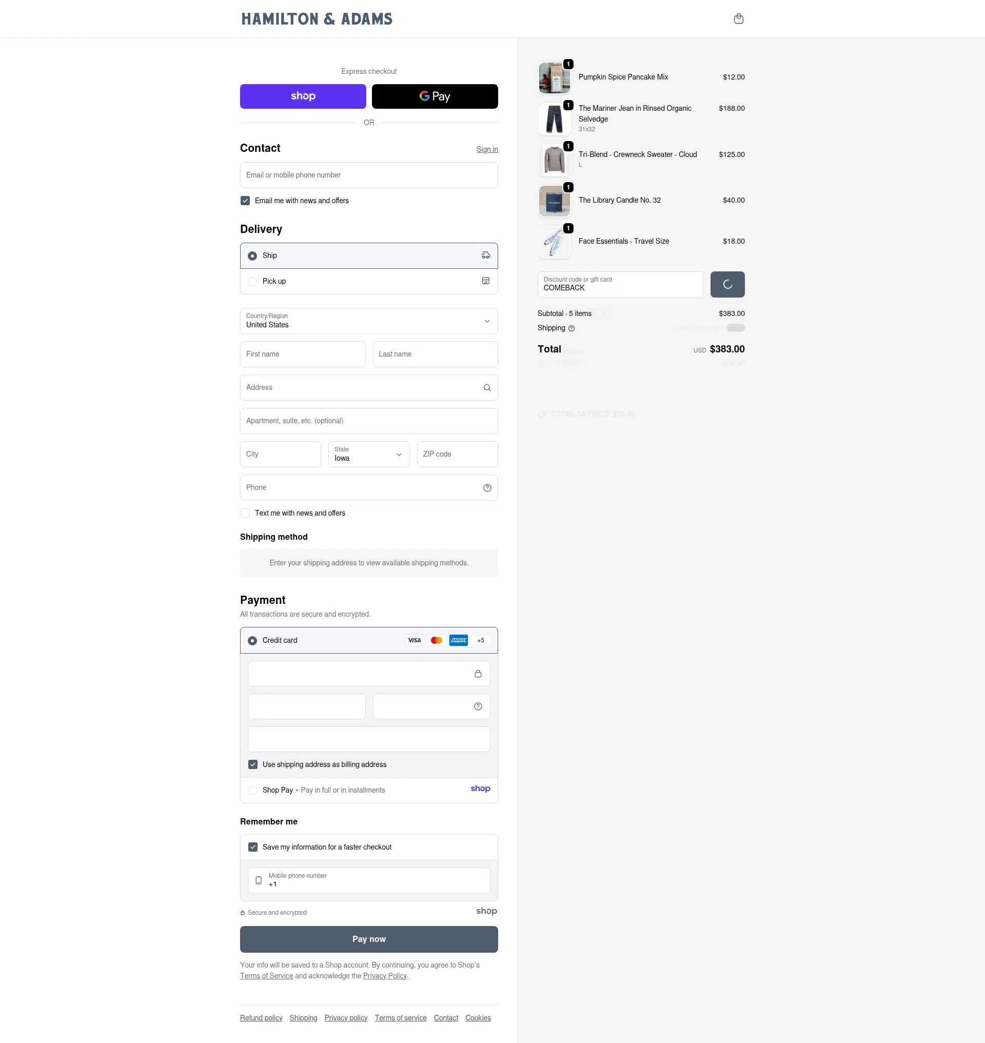 Hamilton & Adams checkout page showing Hamilton & Adams promo code box | Screenshot taken by SimplyCodes community member on Dec 27, 2025
