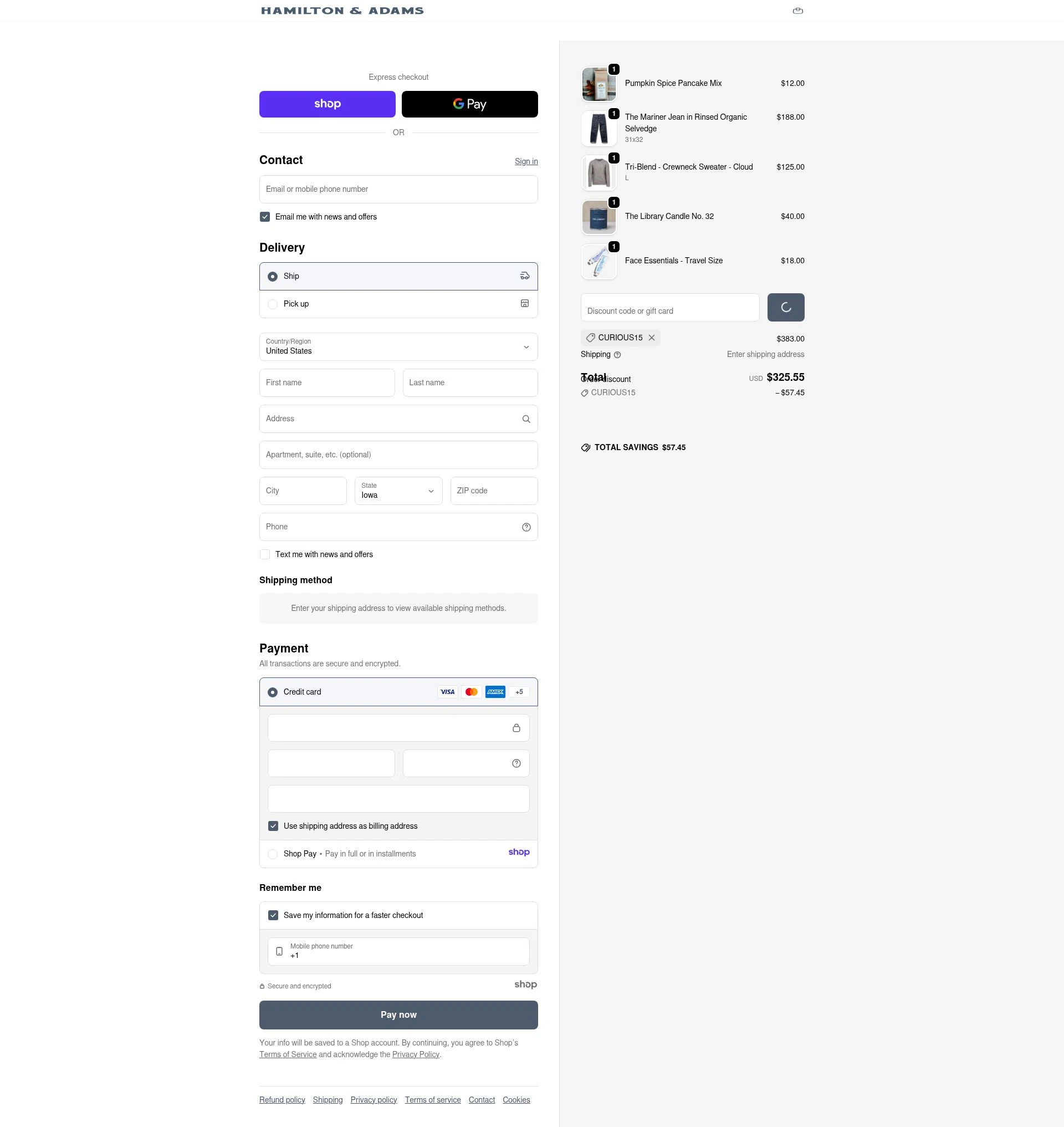 Hamilton & Adams checkout page showing Hamilton & Adams promo code box | Screenshot taken by SimplyCodes community member on Dec 27, 2025