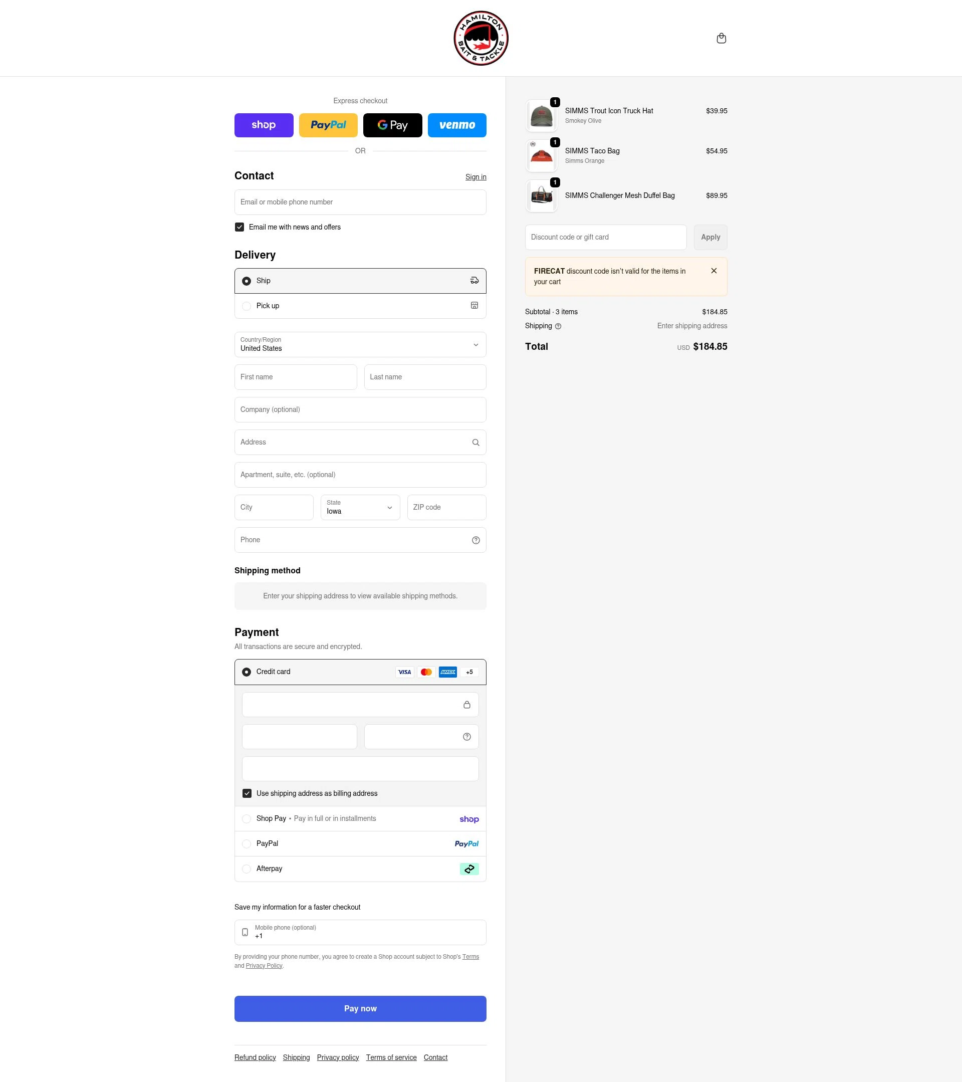 Hamilton Bait and Tackle checkout page showing Hamilton Bait and Tackle promo code box | Screenshot taken by SimplyCodes community member on Feb 5, 2026