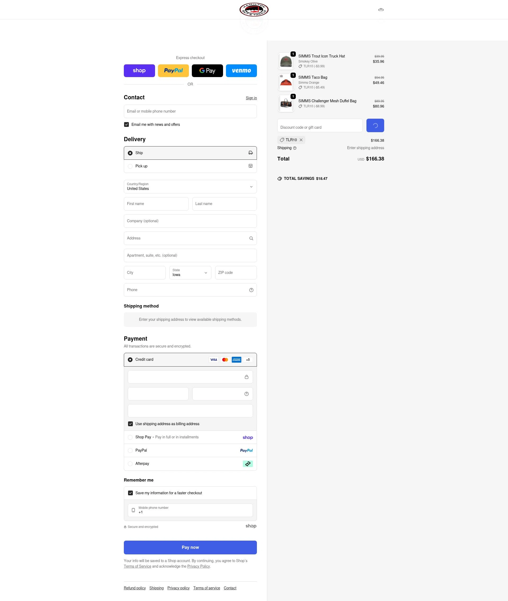 Hamilton Bait and Tackle checkout page showing Hamilton Bait and Tackle promo code box | Screenshot taken by SimplyCodes community member on Jan 28, 2026