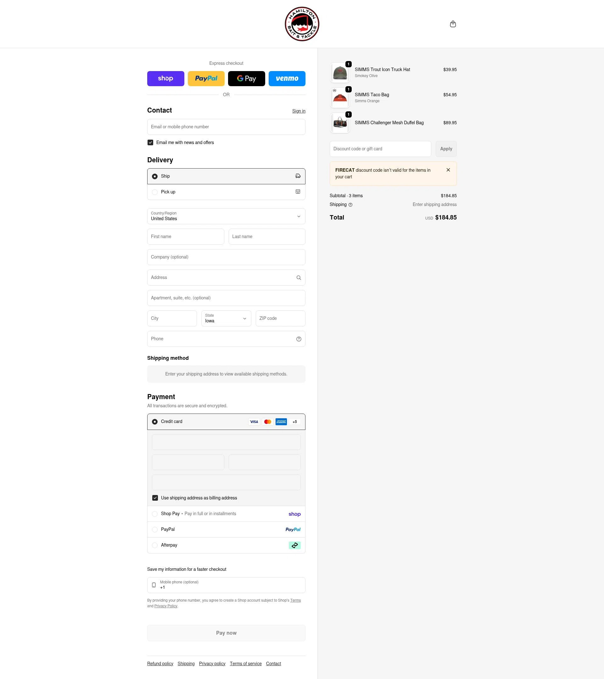 Hamilton Bait and Tackle checkout page showing Hamilton Bait and Tackle promo code box | Screenshot taken by SimplyCodes community member on Feb 1, 2026