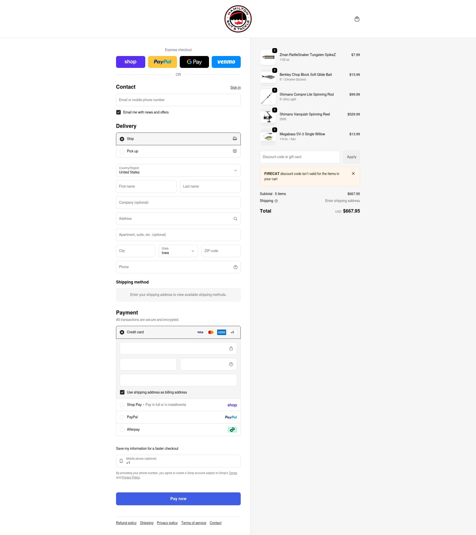 Hamilton Bait and Tackle checkout page showing Hamilton Bait and Tackle promo code box | Screenshot taken by SimplyCodes community member on Feb 10, 2026