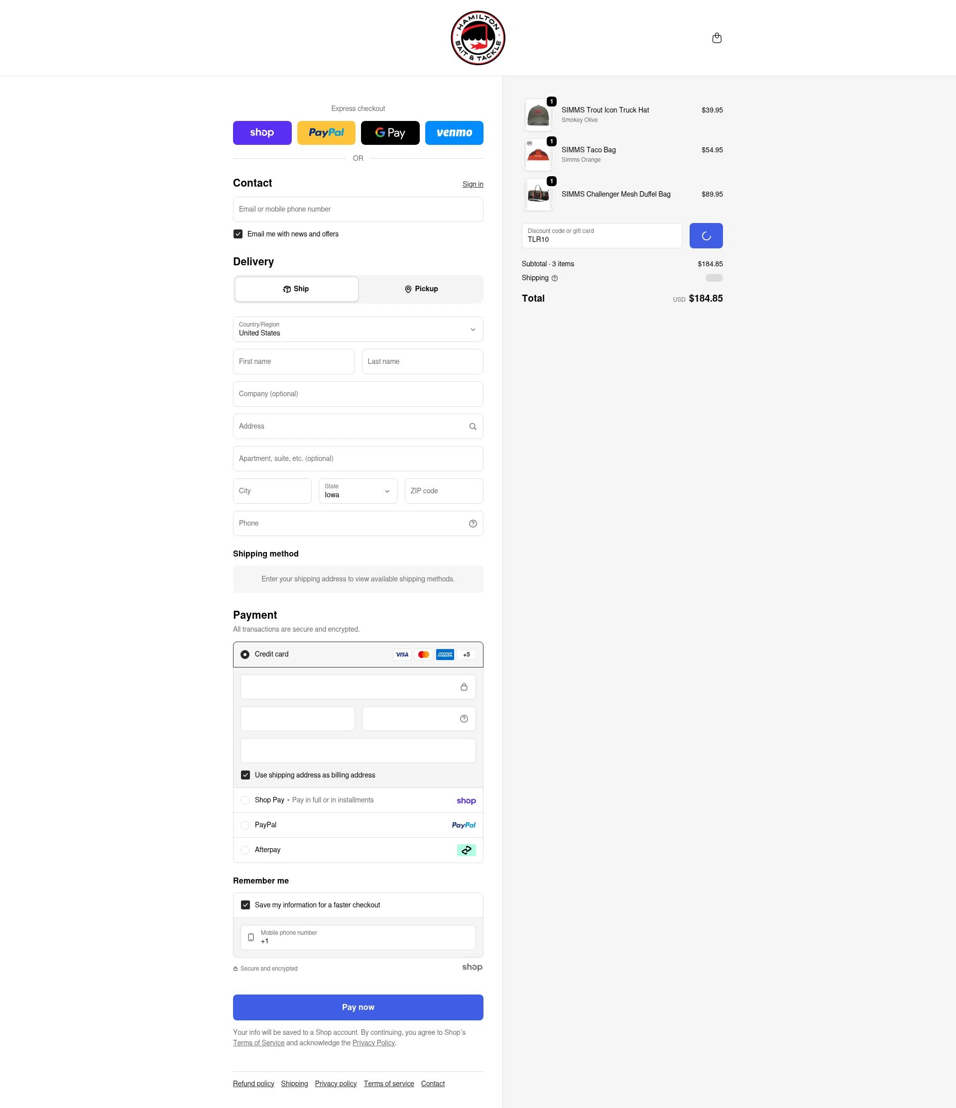 Hamilton Bait and Tackle checkout page showing Hamilton Bait and Tackle promo code box | Screenshot taken by SimplyCodes community member on Jan 23, 2026