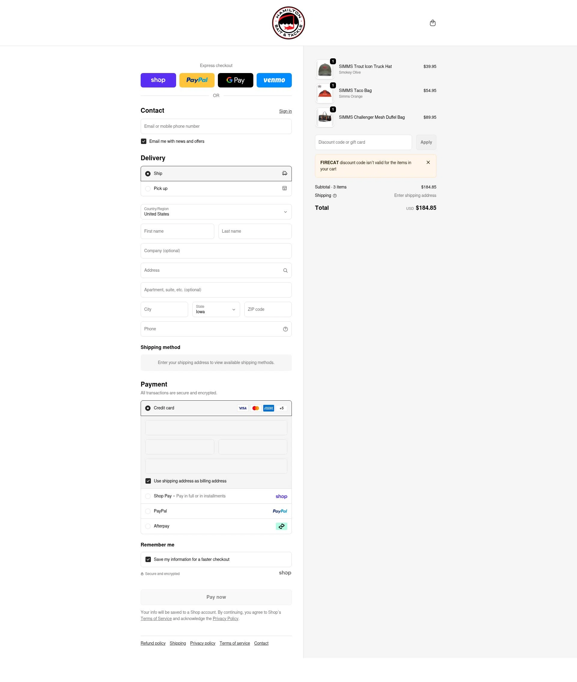 Hamilton Bait and Tackle checkout page showing Hamilton Bait and Tackle promo code box | Screenshot taken by SimplyCodes community member on Jan 28, 2026
