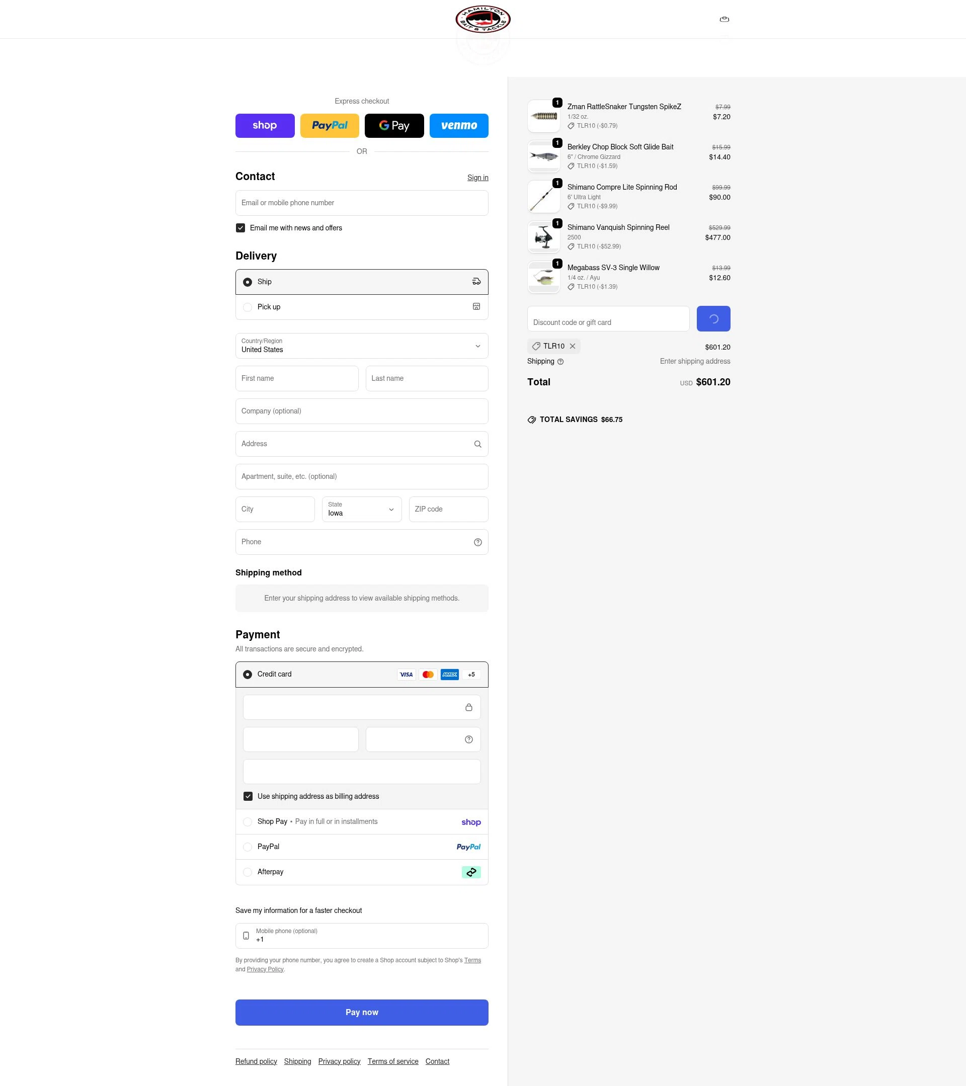 Hamilton Bait and Tackle checkout page showing Hamilton Bait and Tackle promo code box | Screenshot taken by SimplyCodes community member on Feb 10, 2026