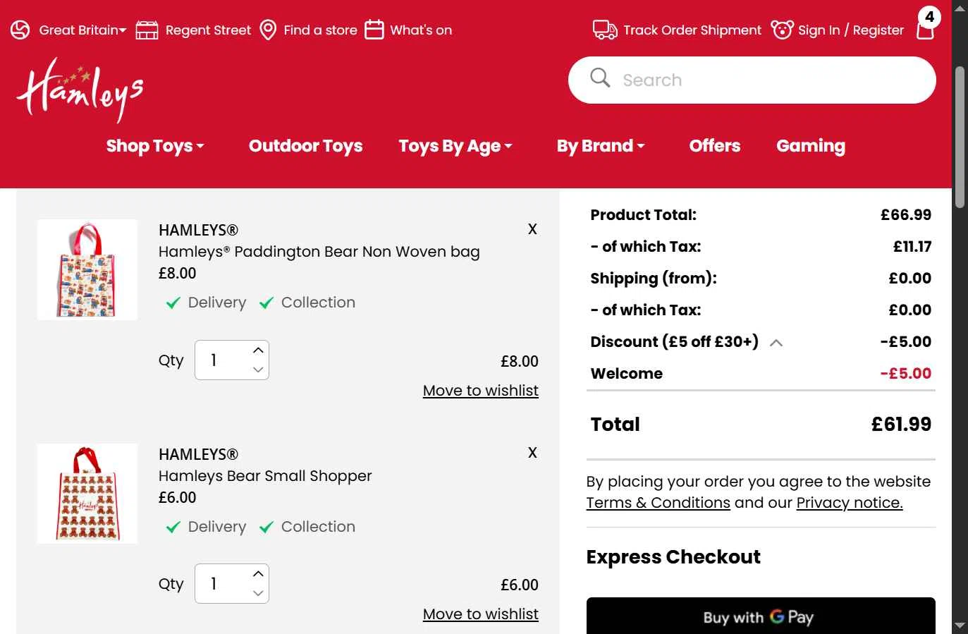 Hamleys checkout page showing Hamleys discount code box | Screenshot taken by SimplyCodes community member on Aug 29, 2025