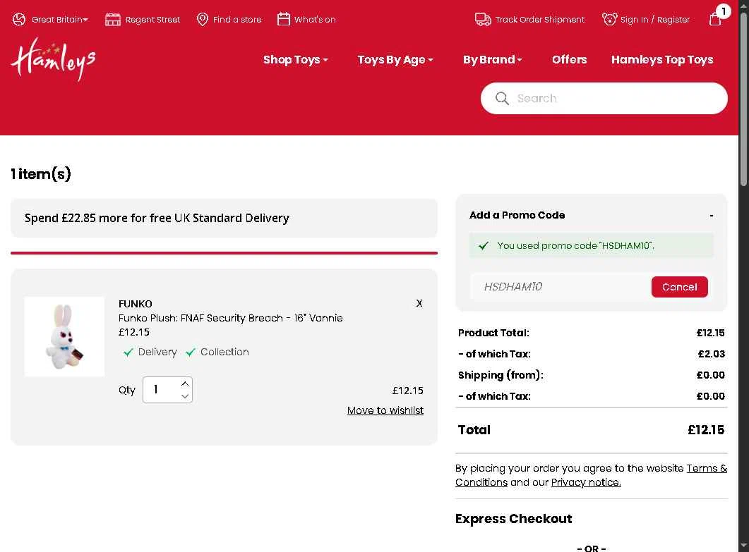 Hamleys checkout page showing Hamleys discount code box | Screenshot taken by SimplyCodes community member on Feb 3, 2026