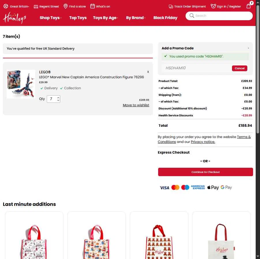 Hamleys checkout page showing Hamleys discount code box | Screenshot taken by SimplyCodes community member on Nov 25, 2025