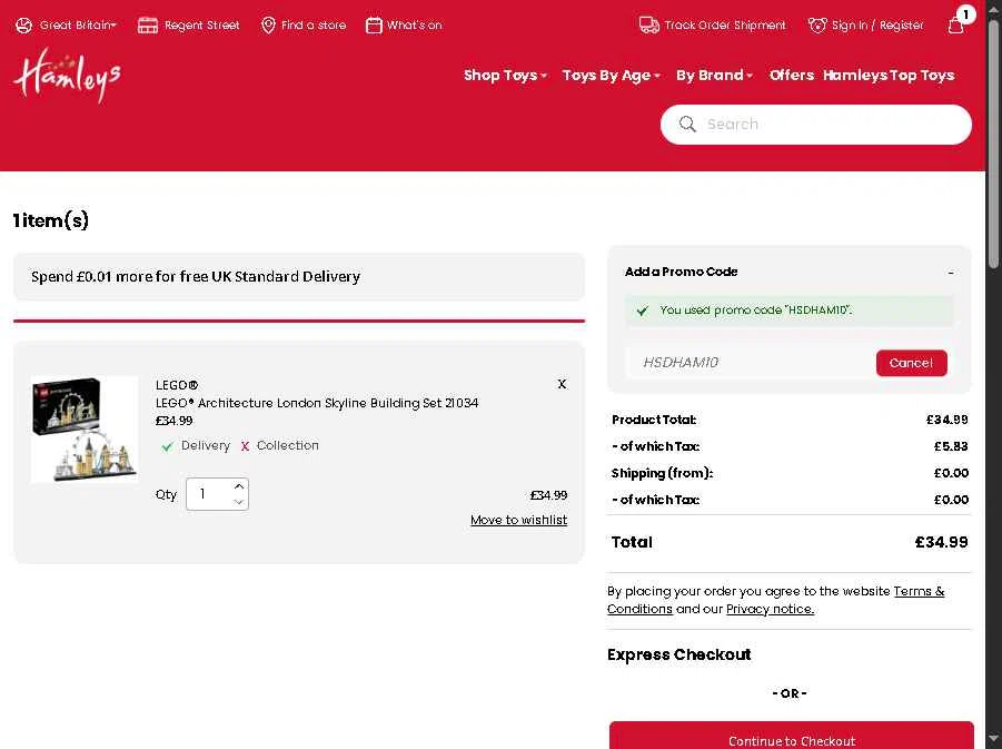 Hamleys checkout page showing Hamleys discount code box | Screenshot taken by SimplyCodes community member on Jan 8, 2026