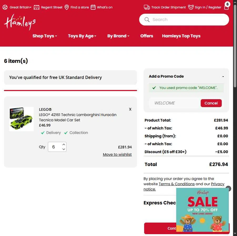 Hamleys checkout page showing Hamleys discount code box | Screenshot taken by SimplyCodes community member on Jan 8, 2026