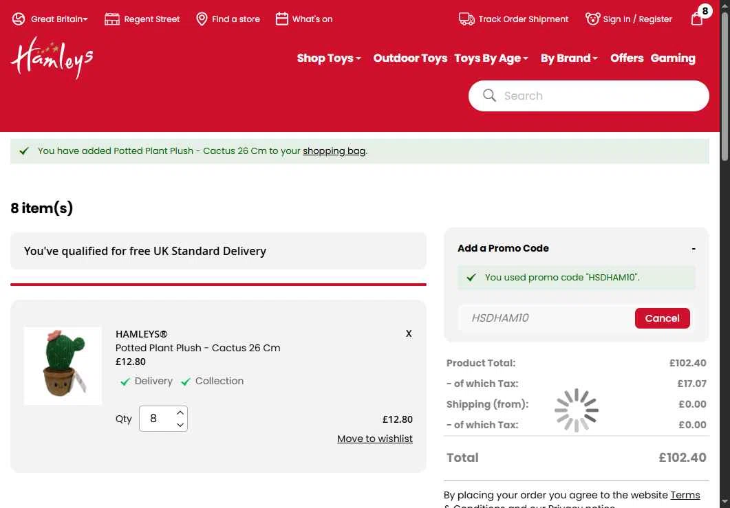 Hamleys checkout page showing Hamleys discount code box | Screenshot taken by SimplyCodes community member on Aug 29, 2025
