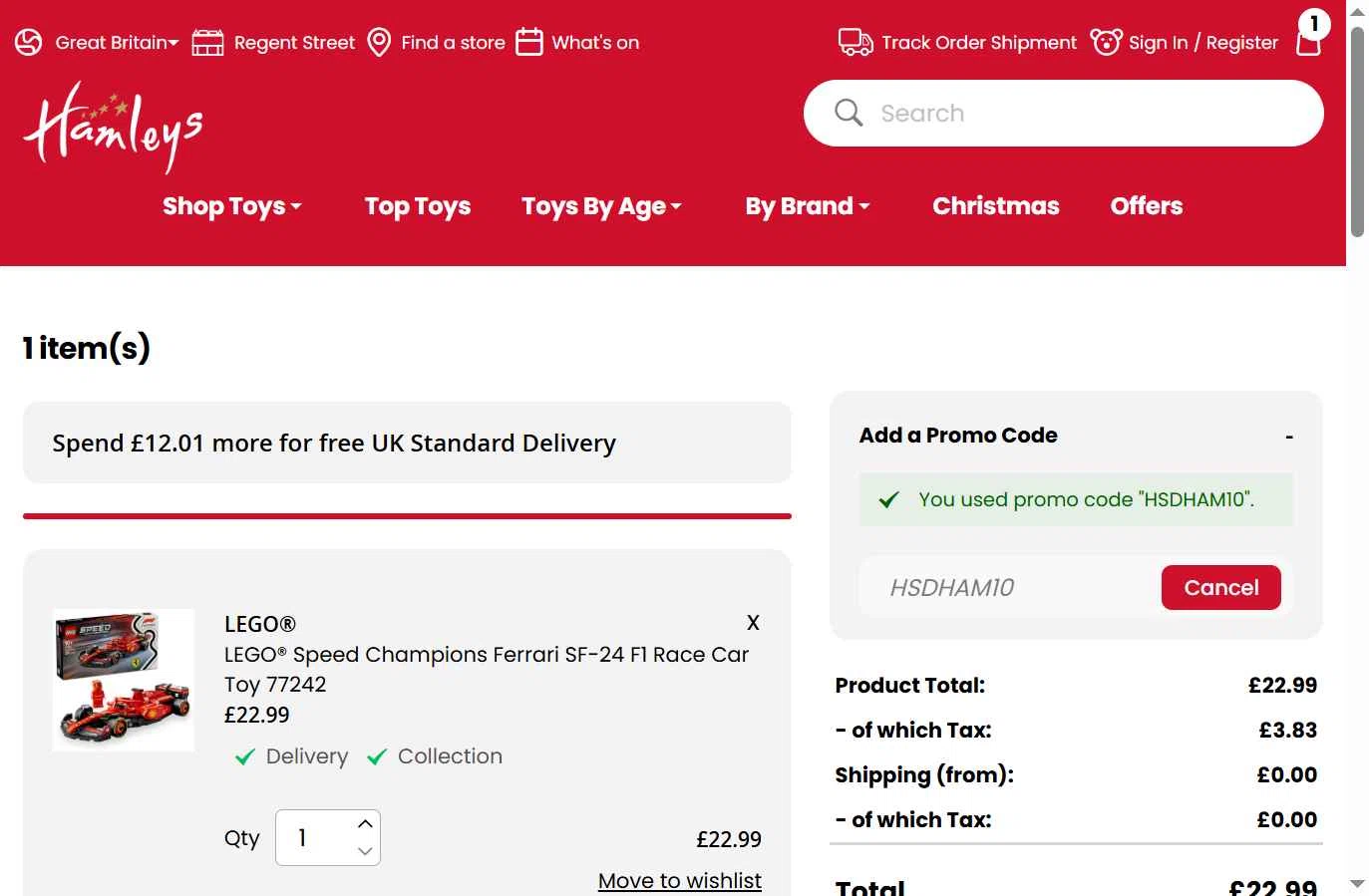 Hamleys checkout page showing Hamleys discount code box | Screenshot taken by SimplyCodes community member on Dec 19, 2025