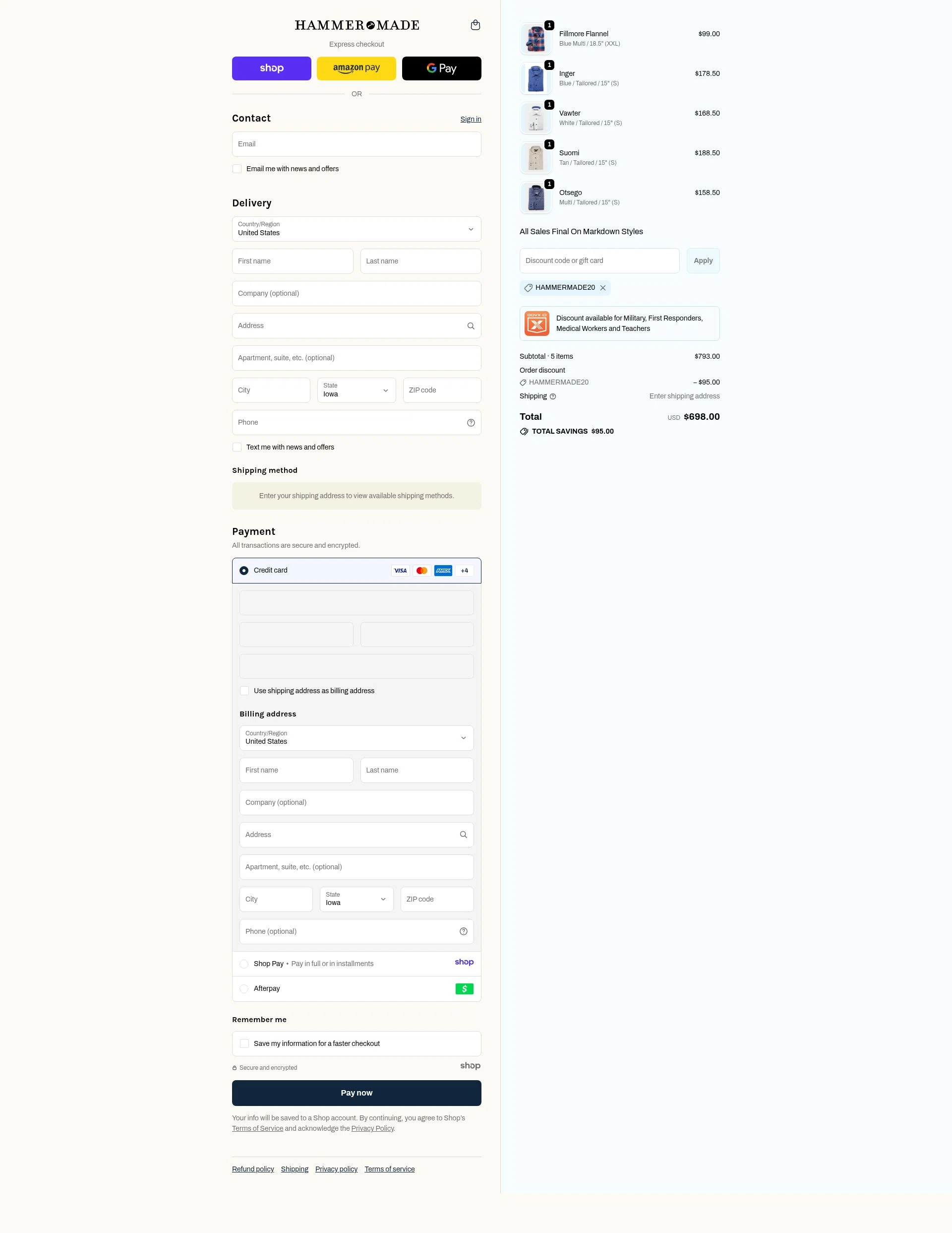 Hammer Made checkout page showing Hammer Made discount code box | Screenshot taken by SimplyCodes community member on Dec 11, 2025