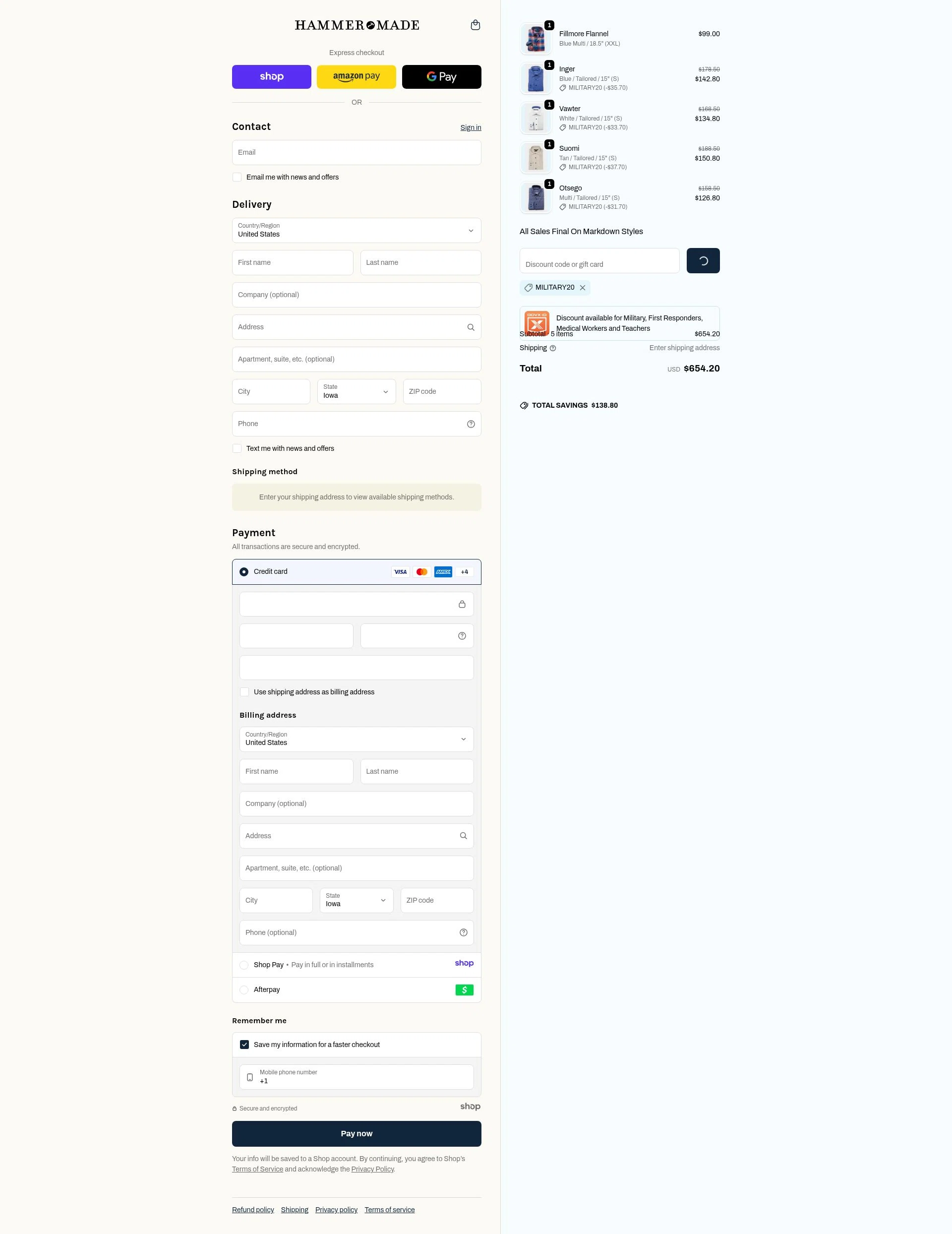 Hammer Made checkout page showing Hammer Made discount code box | Screenshot taken by SimplyCodes community member on Dec 29, 2025